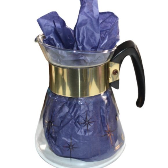 MCM Corning Clear Glass Stovetop Coffee Pot Atomic Starburst Pattern Gold Color - Picture 2 of 8